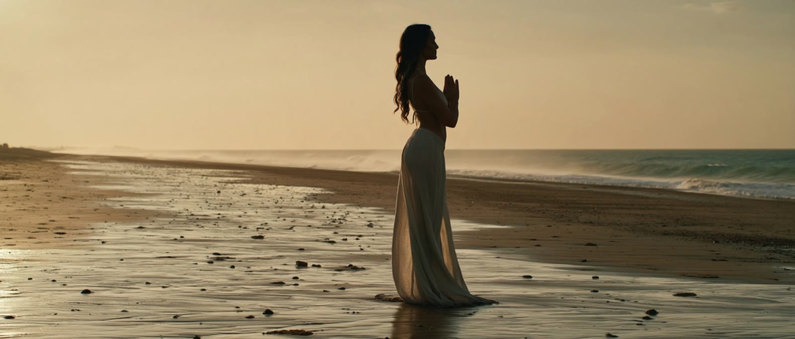 Silhouetted figure in yoga practice on a misty coastline at golden hour